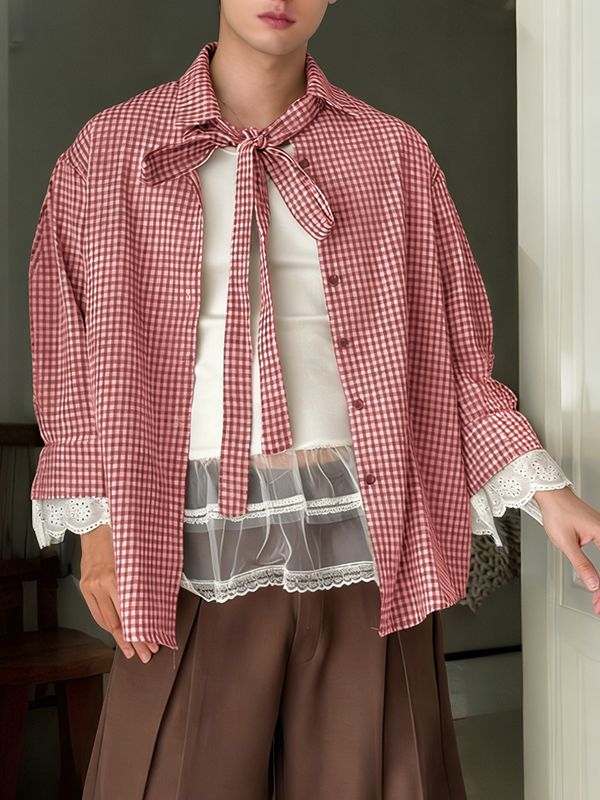 Men's Plaid Bow Long Sleeve Shirt SKUL45417