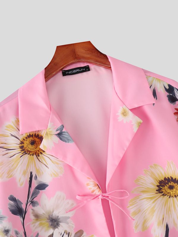 Men's Summer Hawaiian Sunflower Print Cuban Collar Open Front Tie Knot Short Sleeve Shirt SKUL58684