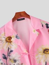 Men's Summer Hawaiian Sunflower Print Cuban Collar Open Front Tie Knot Short Sleeve Shirt SKUL58684