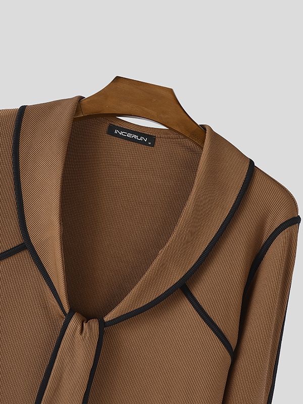 Men's Knit Contrast Color Tie Long Sleeve T-shirt SKUL43758