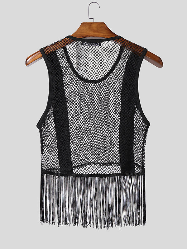 Men's See Through Mesh Long Tassel Fringe Cropped Tank SKUL57843