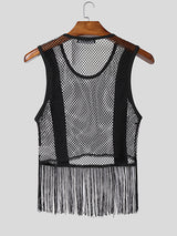 Men's See Through Mesh Long Tassel Fringe Cropped Tank SKUL57843