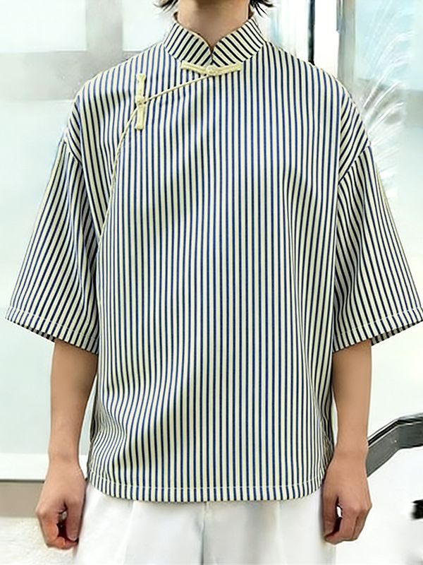 Men's New Chinese Style Pinstripe Asymmetrical Frog-Button Shirt SKUL56249