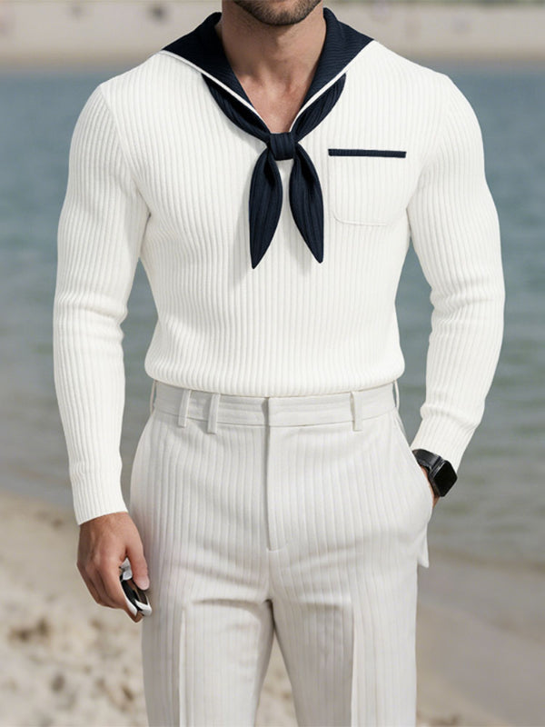 Men's Colorblock Sailor Collar Long Sleeve T-Shirt SKUL31912