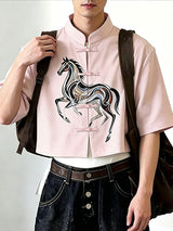 Men's New Chinese Style Horse Graphic Frog Button Cropped Shirt SKUL61179
