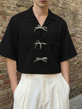 Men's Minimalist Double Pocket Bow Tie Short Sleeve Shirt SKUL58724