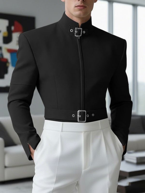 Men's Solid Color Metal Button Stand Collar Long Sleeve Blazer SKUL48609