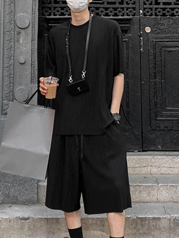 Mens Solid Color Striped Ruched Two Pieces Outfit SKUL08680