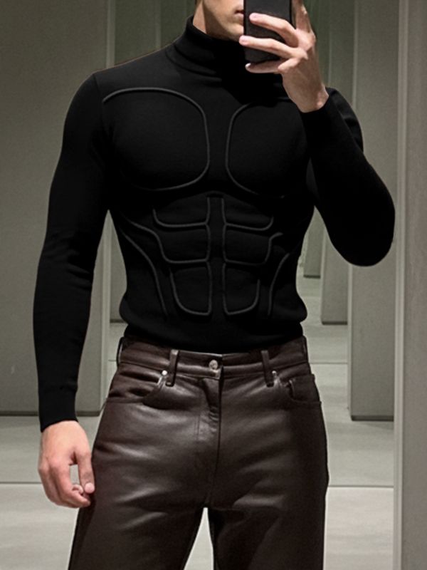 Men's Muscle Outline Print Contrast Color Long Sleeve T-shirt SKUL37697