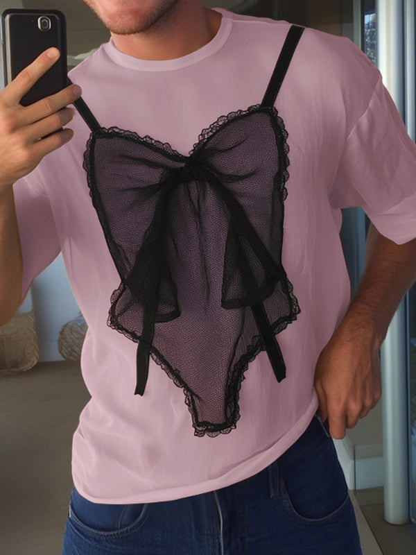 Mens Lace Patchwork Contrast Color Short Sleeve T-Shirt SKUL13959