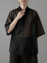 Men's New Chinese Style Relaxed Sheer Mesh Crossover Wrap Cardigan SKUL62034
