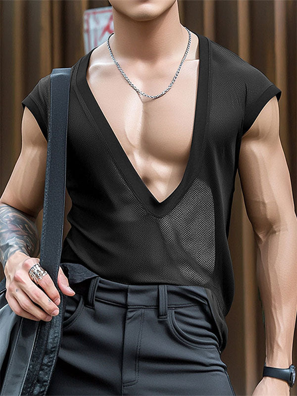 Mens Slightly Sheer Mesh Deep U-Neck Casual Tank SKUL16671