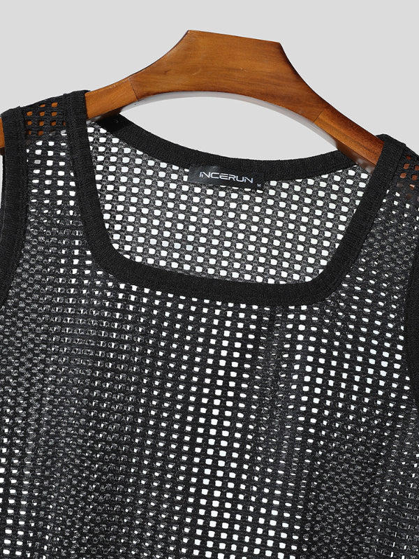 Mens Sheer Mesh Hollow Square Neck Tank SKUL15530