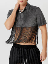 Mens Glitter Fringe Patchwork Short Sleeve Crop Tops SKUK58195