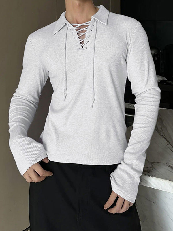 Mens Lace-Up Cross V-Neck Long-Sleeve T-Shirt SKUK88183