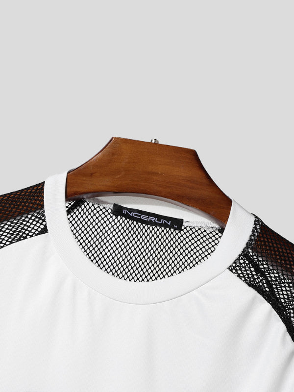 Mens Number Print Sheer Mesh Patchwork Two Pieces Outfit SKUL16675