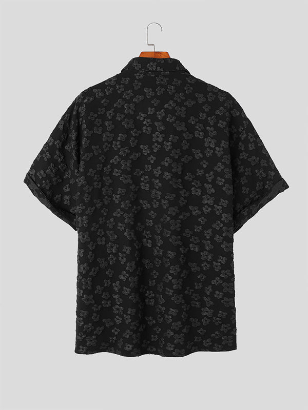 Mens Floral Jacquard Lapel Short Sleeve Shirt SKUK12443