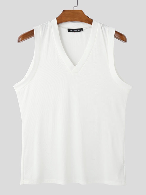 Mens Solid Textured V-Neck Tank SKUL04413