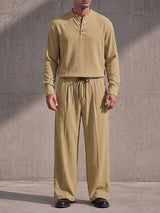 Men's Retro Beach Vacation Cotton Linen Blend Drawstring Waist Two Pieces Outfit SKUL84572