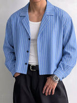 Men's Urban Retro Pinstripe Cuban Collar Boxy Cropped Long Sleeve Shirt SKUL76496