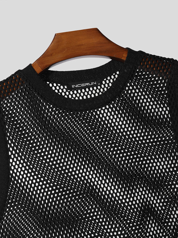 Mens Sheer Mesh Hollow-Out Crew Neck Tank SKUL18803