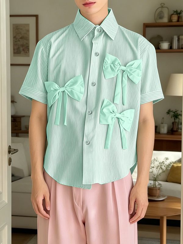 Men's Avant-Garde 3D Bow Pinstripe Short Sleeve Shirt SKUL58766