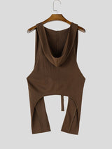Men's Avant-Garde Pleated Hooded Deep Cutout Front Buckle Longline Tank SKUL64148