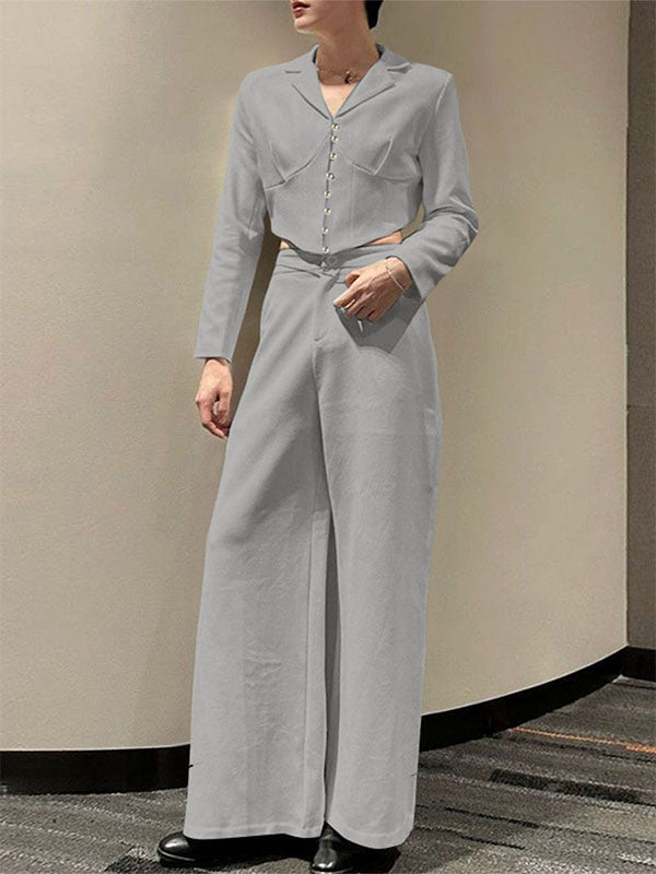 Men's Solid Color Cropped Casual Two Pieces Outfit SKUL28227