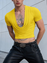 Men's Solid Color Draped Neck Cropped Short Sleeve T-shirt SKUL56615