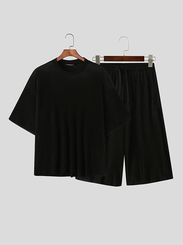 Mens Solid Color Striped Ruched Two Pieces Outfit SKUL08680