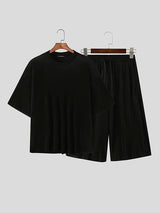 Mens Solid Color Striped Ruched Two Pieces Outfit SKUL08680