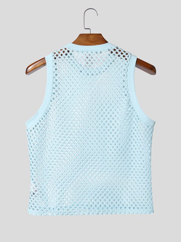 Men's Summer Beach Open Work Crochet Fishnet Knit Muscle Tank SKUL65426