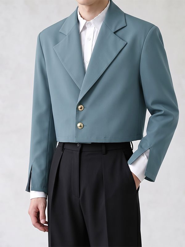 Men's Smart Chic Evening Gala Wide Lapel Gold Button Slit Cuff Cropped Blazer SKUL85521
