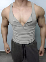 Men's Gym Bodybuilding Ribbed Textured Half Zipper Deep V-Neck Tank SKUL65389