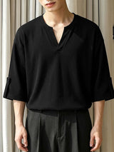 Men's Japanese Cityboy Ribbed Knit Texture Drop-Shoulder 3/4 Sleeve T-shirt SKUL74627