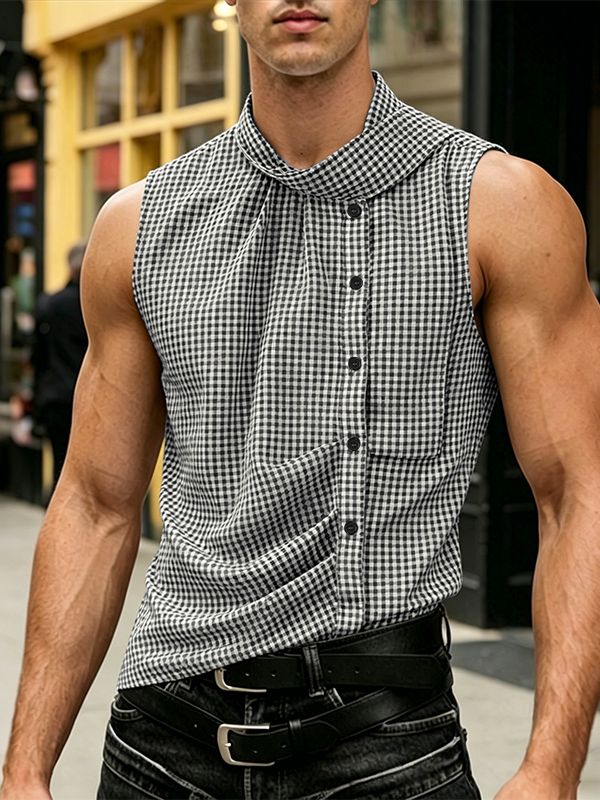 Men's Avant-Garde Asymmetrical Striped Sleeveless High Neck Deconstructed Shirt SKUL65183