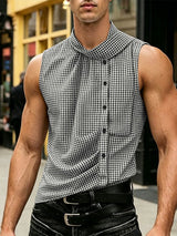 Men's Avant-Garde Asymmetrical Striped Sleeveless High Neck Deconstructed Shirt SKUL65183