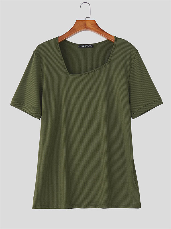 Mens Striped Textured Square-Neck Short-Sleeve T-Shirt SKUL22314