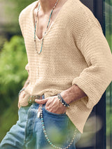 Mens Solid Long Sleeve V-neck T-shirt SKUJ90760