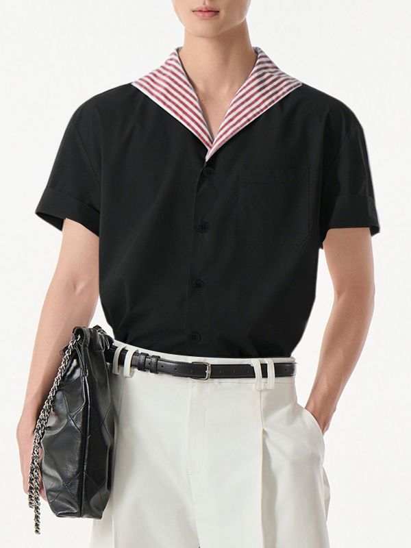 Men's Striped Contrast Collar Short Sleeve Shirt SKUL47936