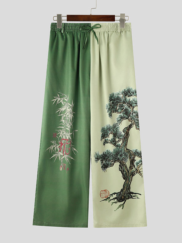 Men's Vintage Zen Two Tone Pine Tree Print Drawstring Wide Leg Pant SKUL70394