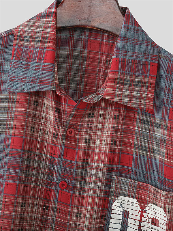 Men's Number Print Plaid Short Sleeve Shirt SKUL21115