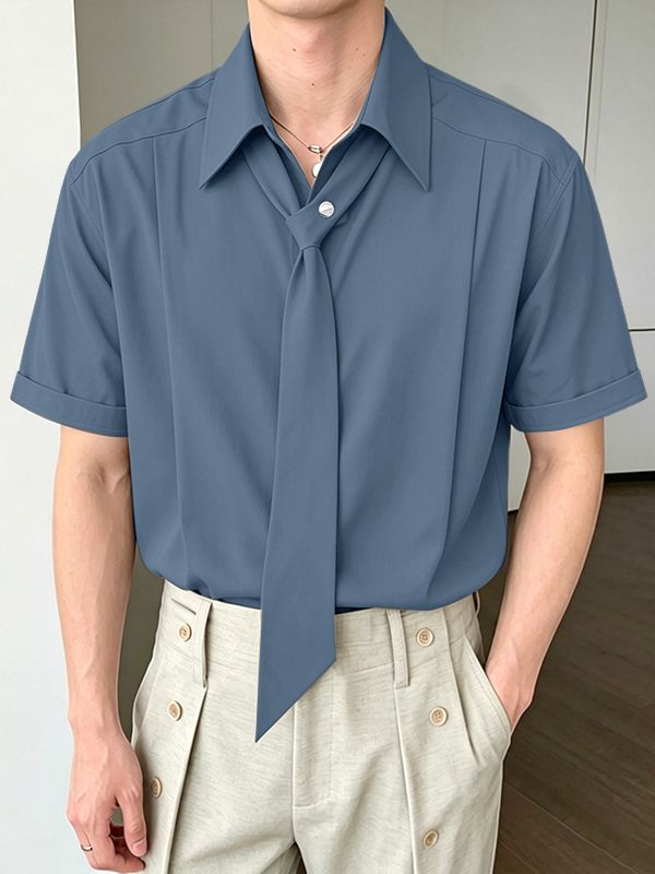 Men's Elegant Smart Casual Solid Color Attached Tie Short Sleeve Shirt SKUL77333