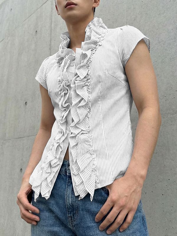 Men's Ruffle Design Striped Short Sleeve Shirt SKUL60110