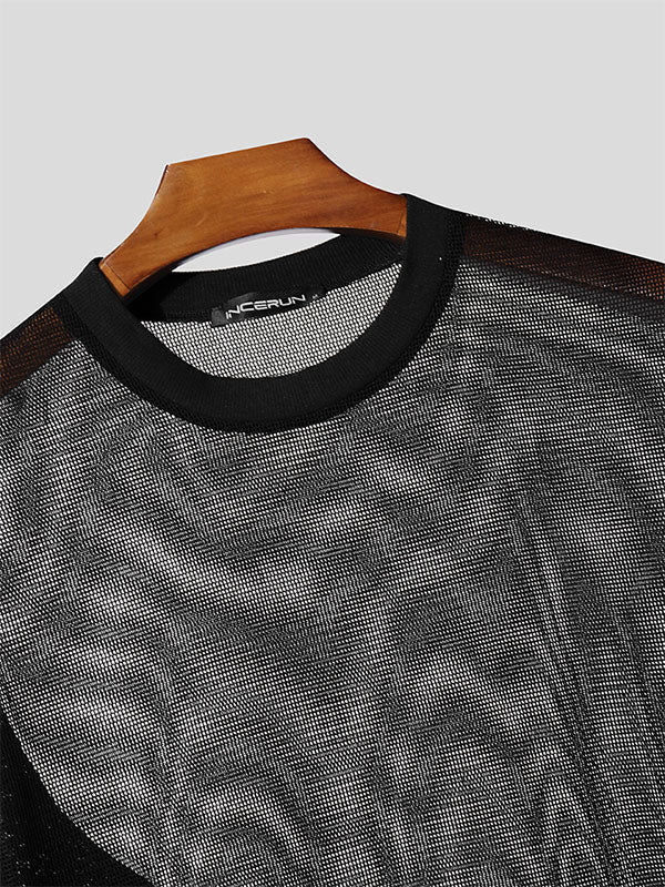 Men's Hollow Out Mesh Crew Neck Long Sleeve T-Shirt SKUL25833