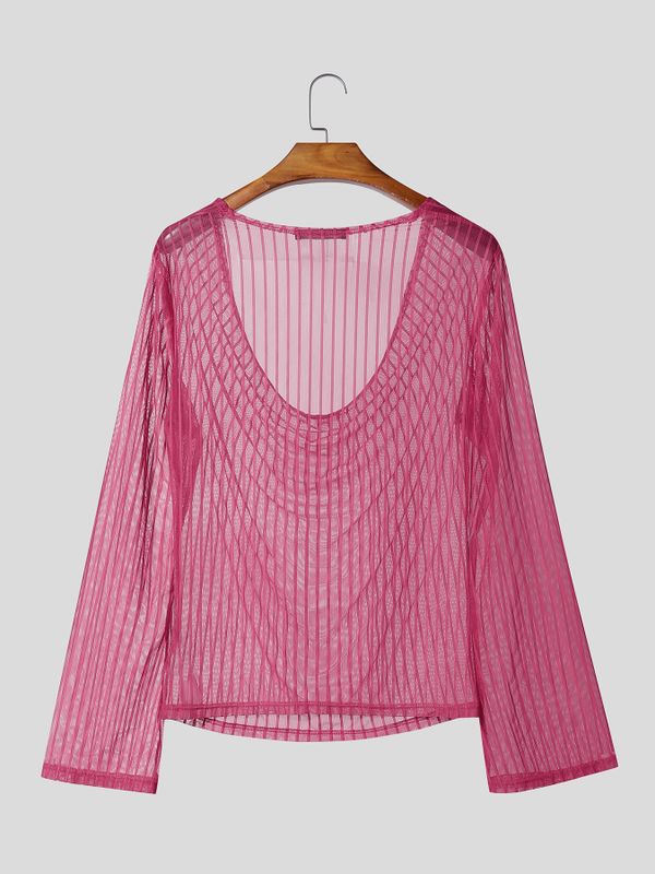 Men's Sexy Party Sheer Mesh Stripe Long Sleeve Cowl Neck T-shirt SKUL78343