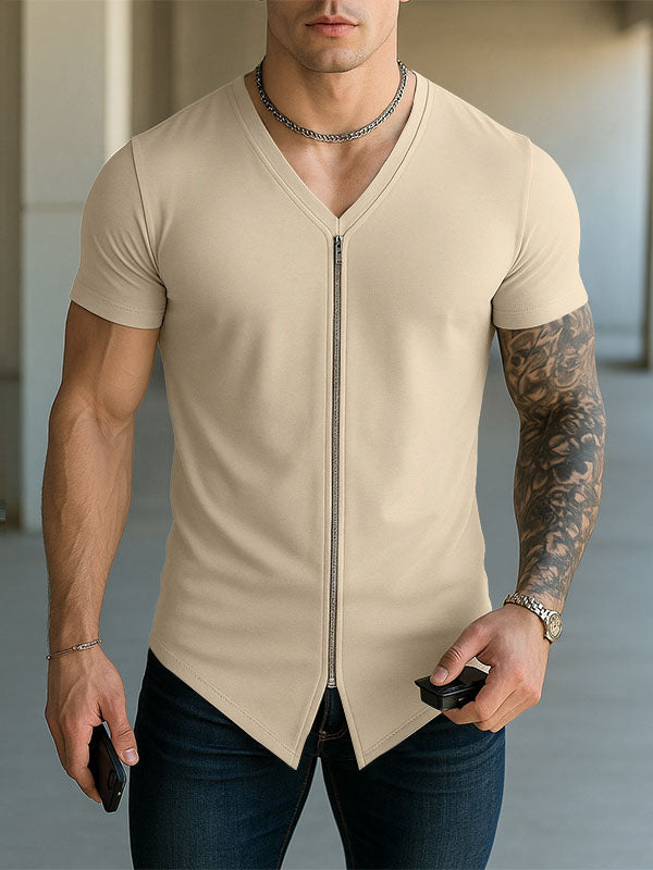 Mens Solid Color Knit Zip Short Sleeve T-Shirt SKUL15007