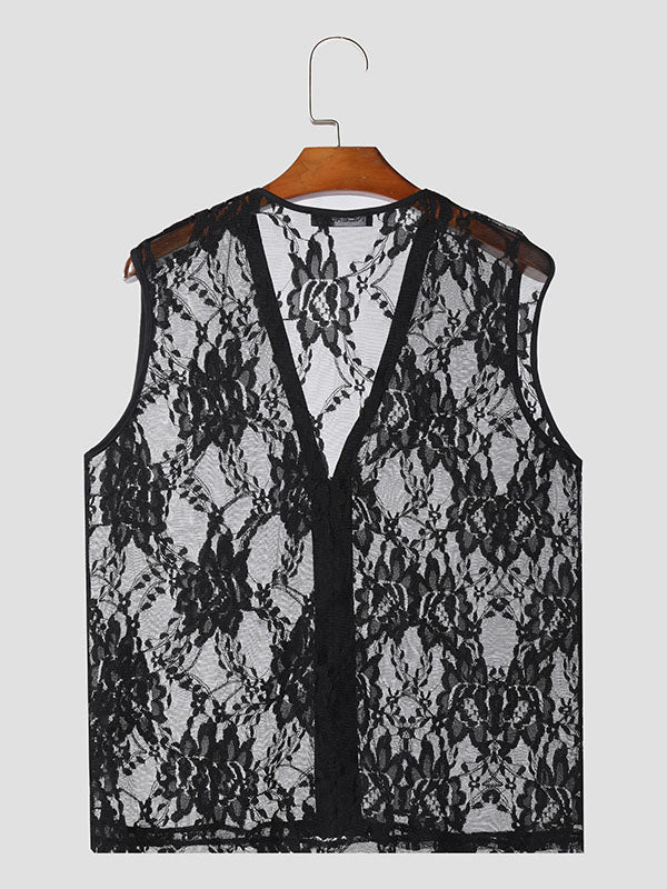 Mens Lace See Through V-Neck Sleeveless Vest SKUK60254