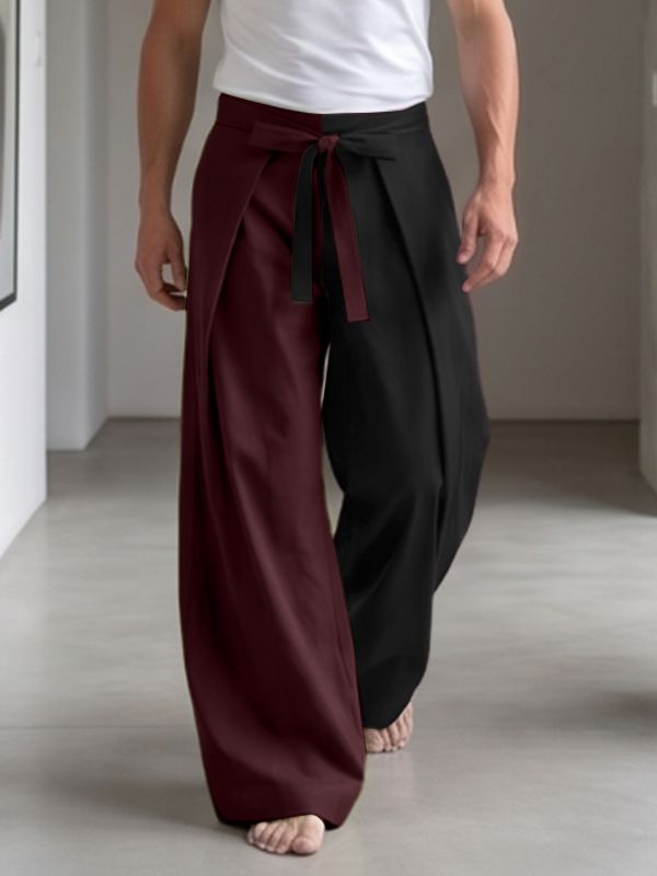 Men's High-Fashion Yin-Yang Color-Block Pleated High-Waisted Wrapped Tie-Belt Pant SKUL73702