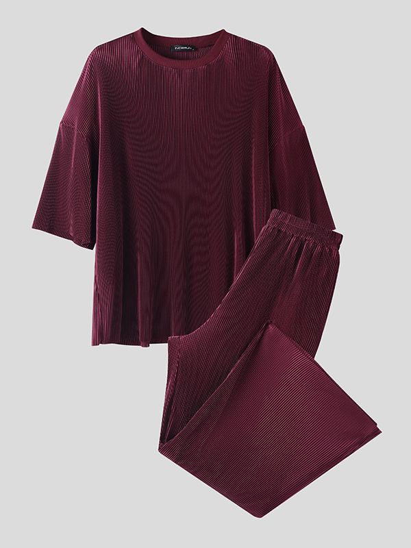 Men's Solid Color Pleated Design Casual Two Pieces Outfit SKUL53146